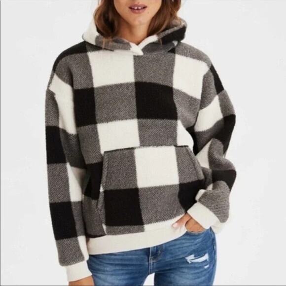 AMERICAN EAGLE Buffalo Plaid Sherpa Hoodie Size Small Fleece Black White - Picture 1 of 6